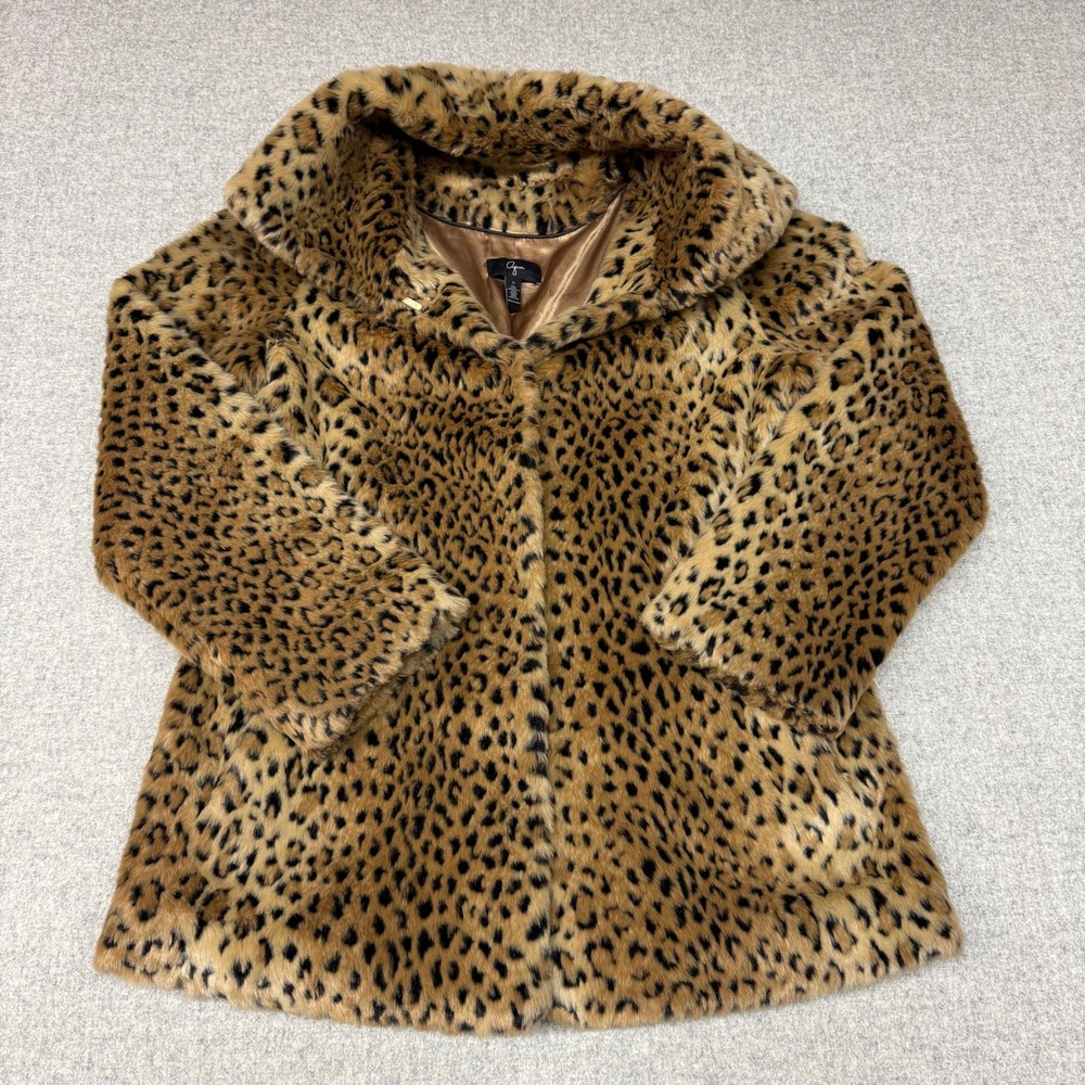 Aqua Faux Fur Leopard Print Coat Size Small Tan Black Animal Shawl Collar Glam